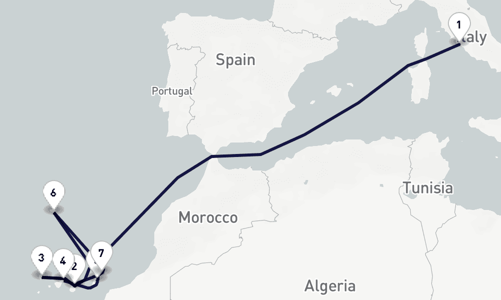 11 days, one-way from Civitavecchia-Rome to Las Palmas de Gran Canaria 12日間