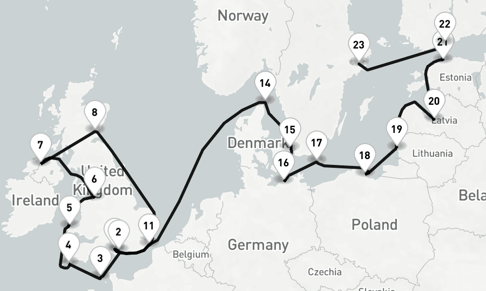 24 days, one-way from Southampton to Stockholm 25日間