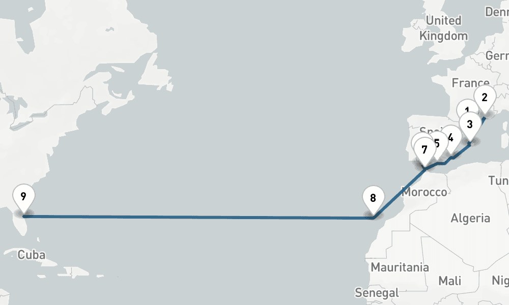 16 days, one-way from Barcelona to Port Canaveral 17日間