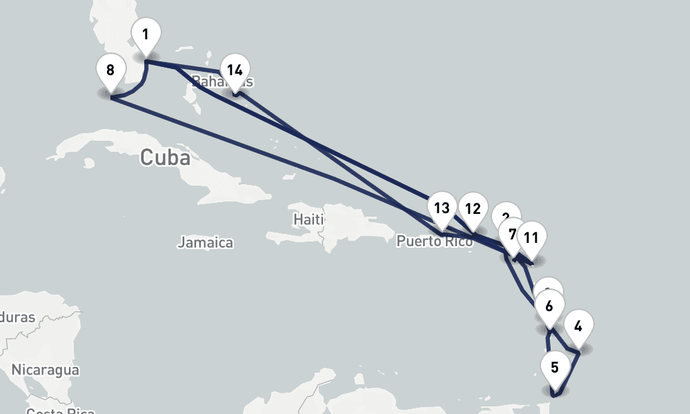 21 days, round-trip Eastern Caribbean Antiqua, St. Lucia And Bahamas 22日間