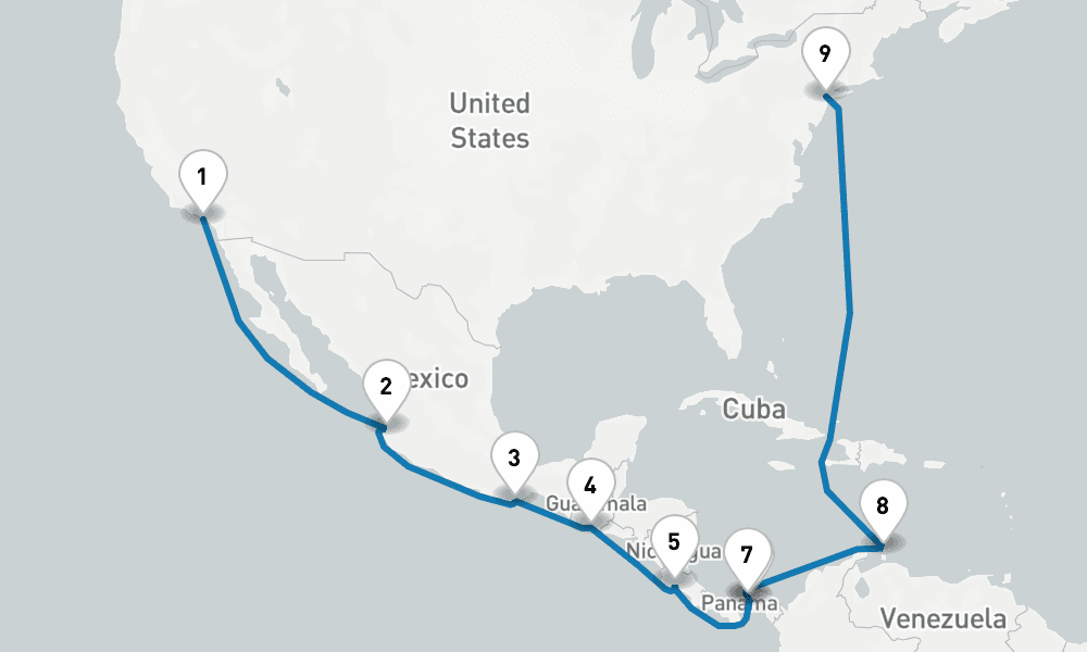 18 days, one-way from Los Angeles to New York 19日間