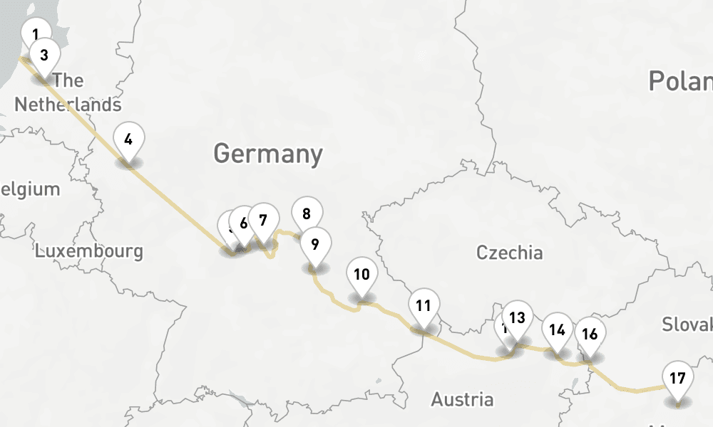 14 days, one-way from Amsterdam to Budapest 15日間