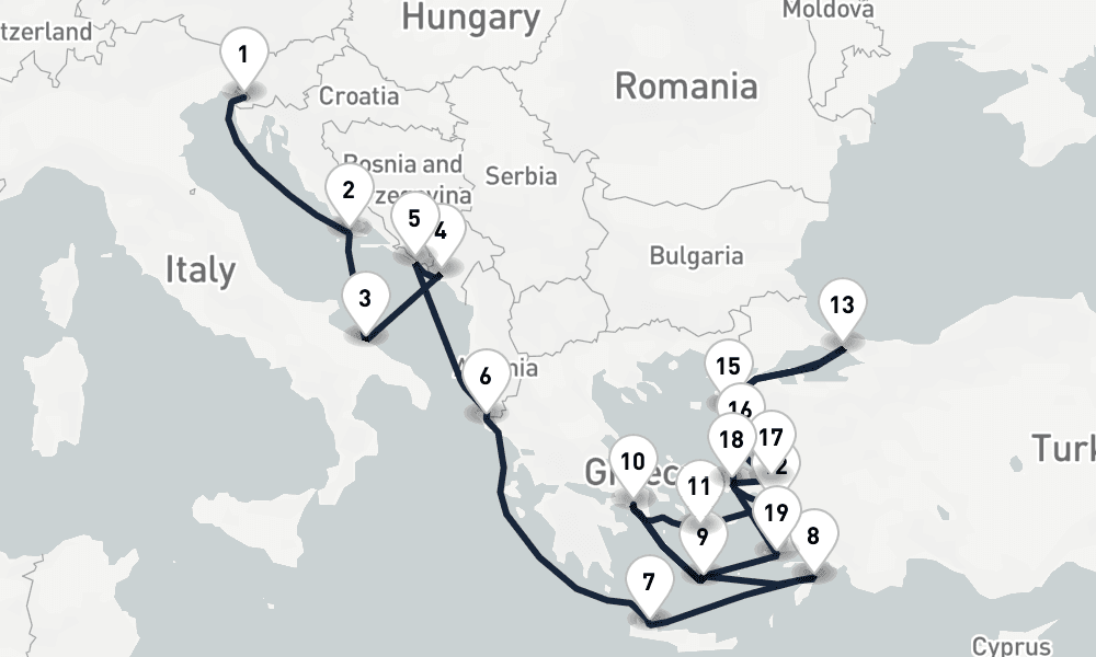21 days, one-way from Trieste to Piraeus-Athens 22日間