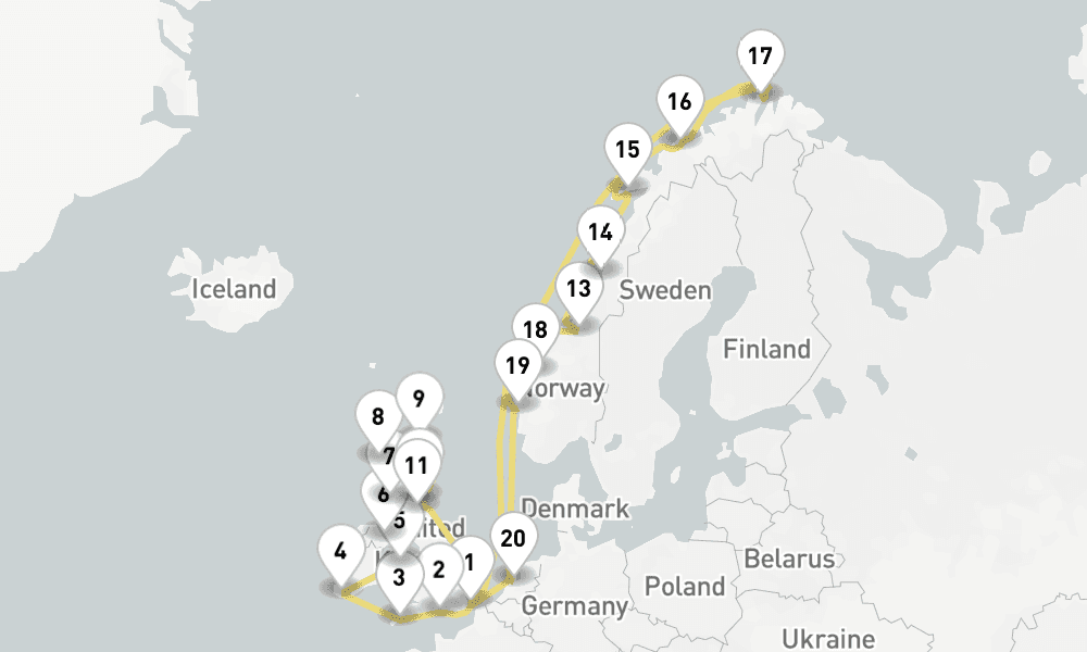 28 days, round-trip The British Isles Norwegian Fjords 29日間