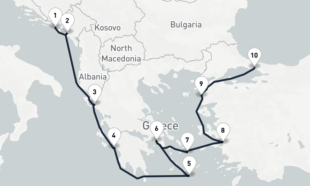 10 days, one-way from Dubrovnik to Istanbul 11日間