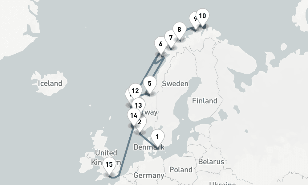 18 days, one-way from Copenhagen to Southampton 19日間