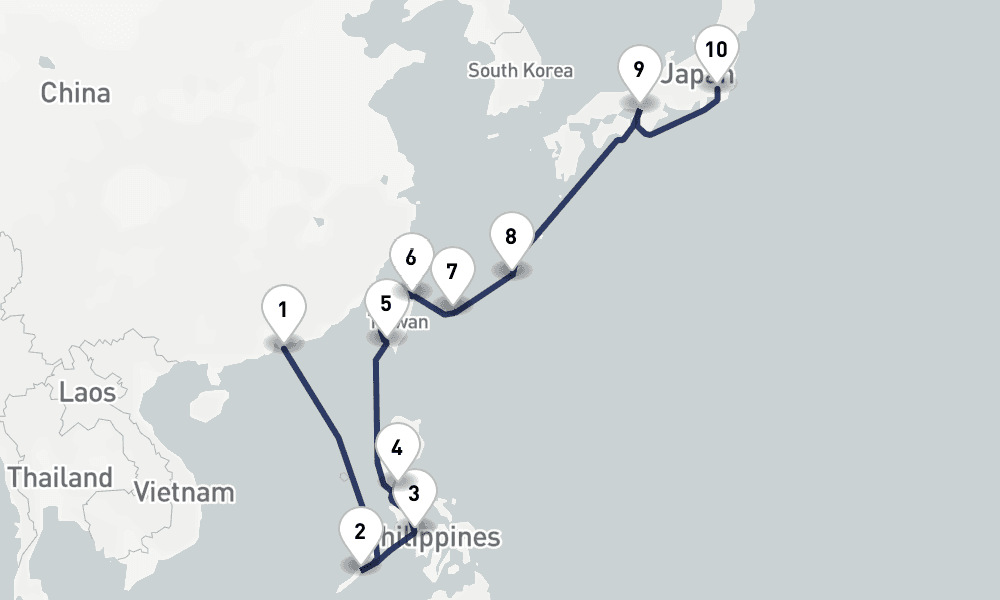 14 days, one-way from Hong Kong to Tokyo 15日間