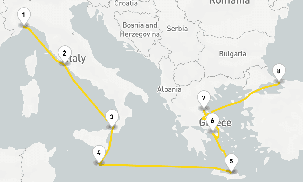 9 days, one-way from Savona to Istanbul 10日間