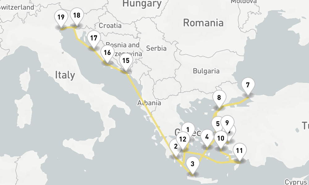 21 days, one-way from Piraeus-Athens to Venice 22日間
