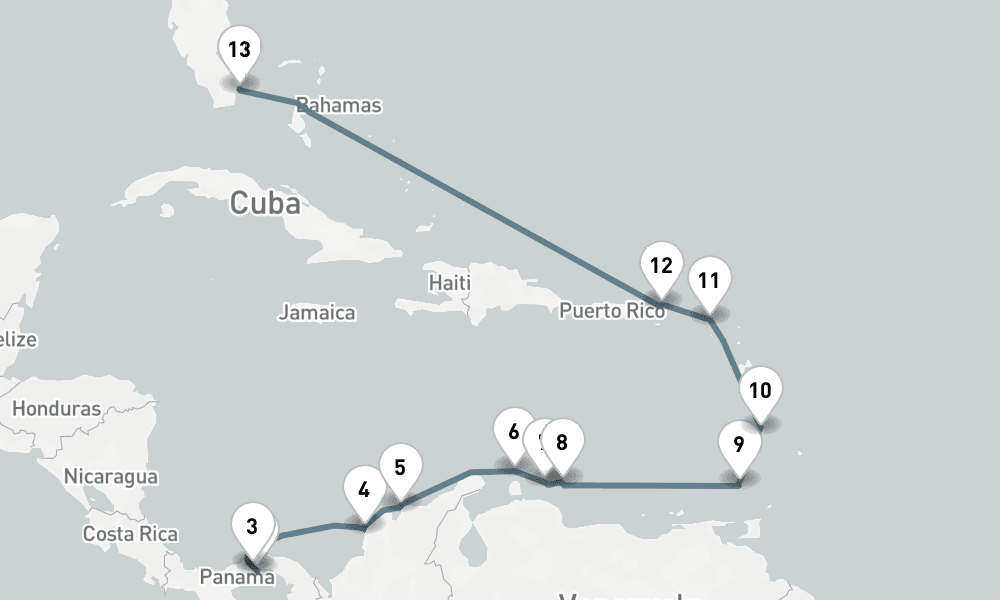 14 days, one-way from Panama City to Miami 15日間