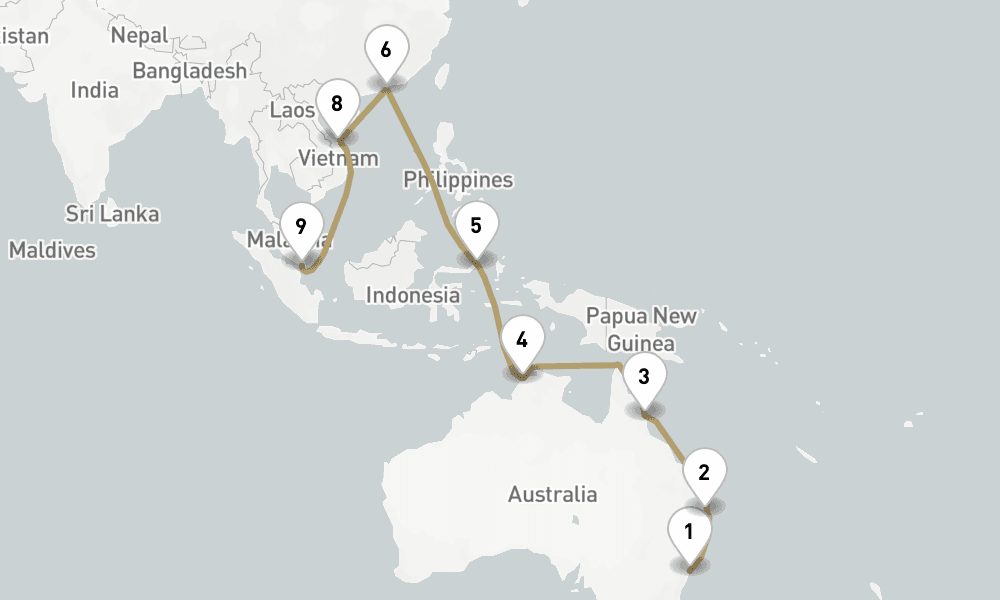 24 days, one-way from Sydney to Singapore 25日間