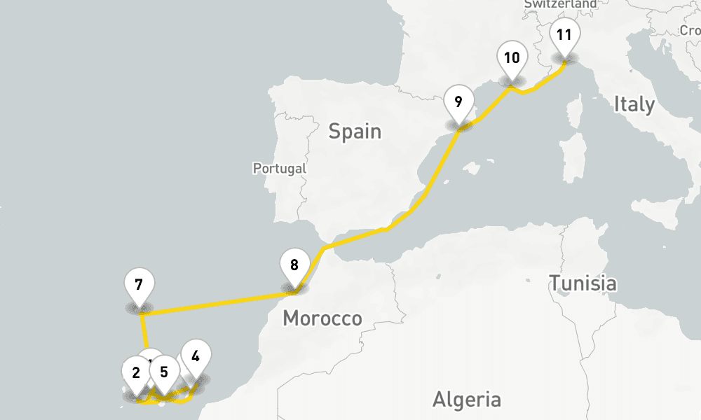 12 days, one-way from Santa Cruz de Tenerife to Savona 13日間