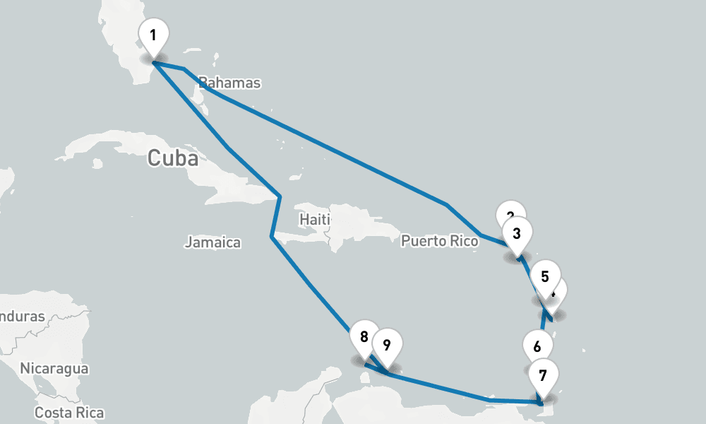 14 days, round-trip Circle Caribbean 15日間