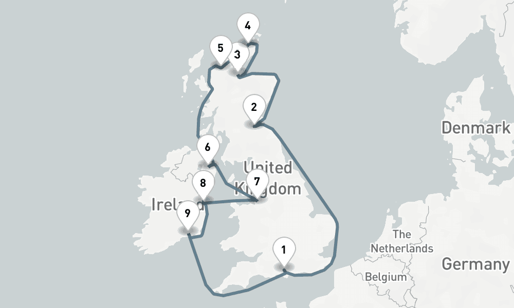 12 days, round-trip Splendor Of The Isles London Southampton To London Southampton 13日間