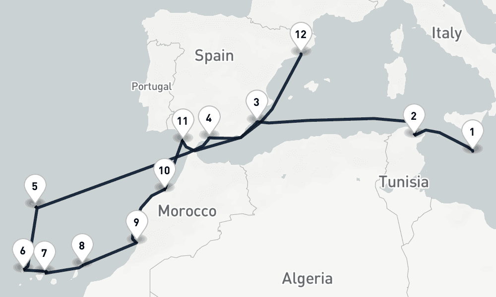 14 days, one-way from Valletta to Barcelona 15日間