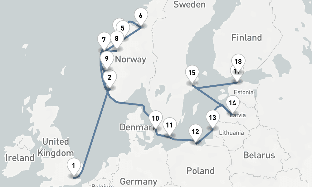 19 days, one-way from London-Tilbury to Helsinki 20日間