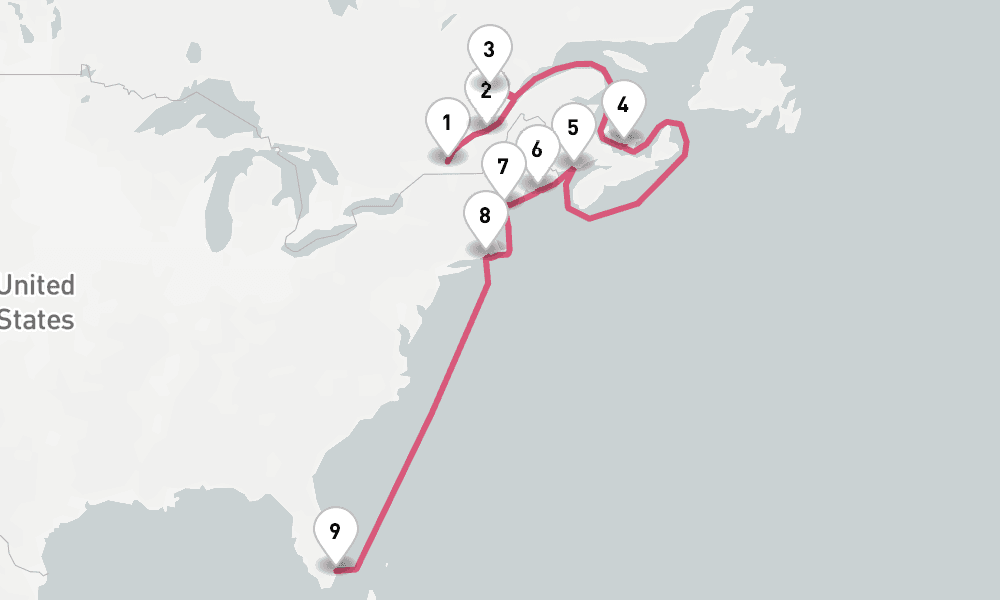 14 days, one-way from Montreal to Fort Lauderdale 15日間