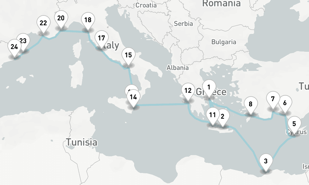 25 days, one-way from Piraeus-Athens to Barcelona 26日間