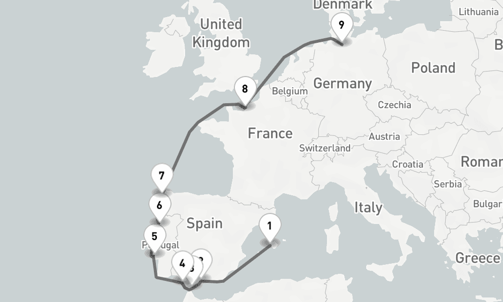 11 days, one-way from Palma de Mallorca to Hamburg 12日間