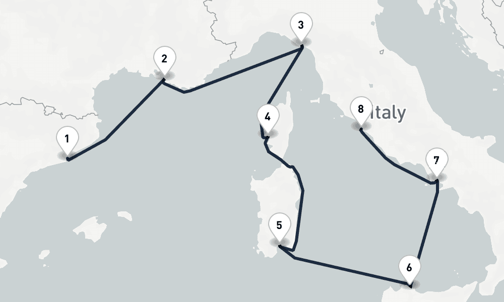 7 days, one-way from Barcelona to Civitavecchia-Rome 8日間