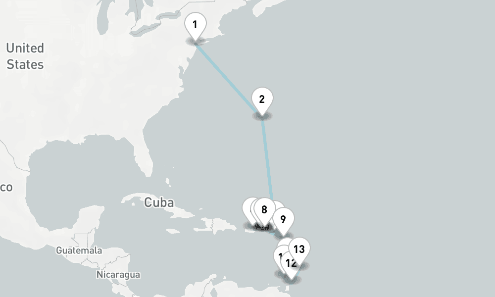 17 days, one-way from New York to Bridgetown 18日間