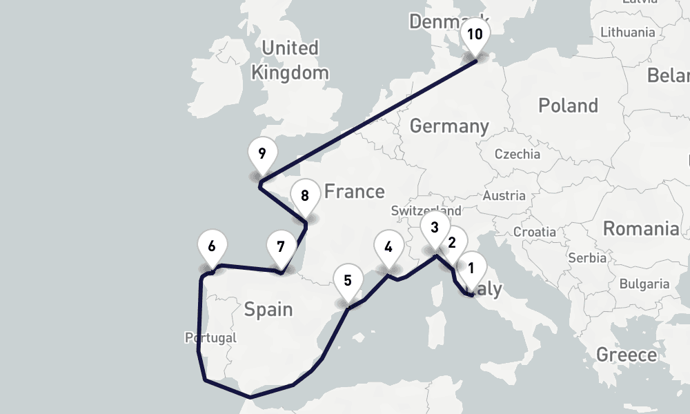 13 days, one-way from Civitavecchia-Rome to Warnemunde-Rostock 14日間