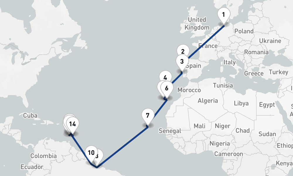 29 days, one-way from Hamburg to Bridgetown 30日間