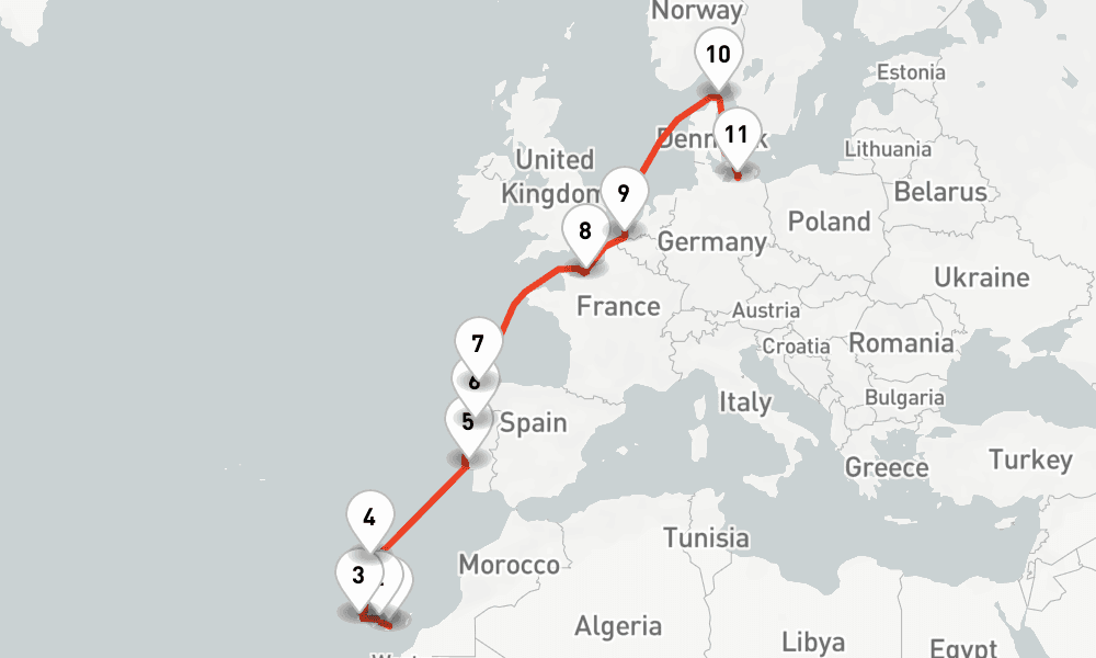 13 days, one-way from Las Palmas de Gran Canaria to Warnemunde-Rostock 14日間