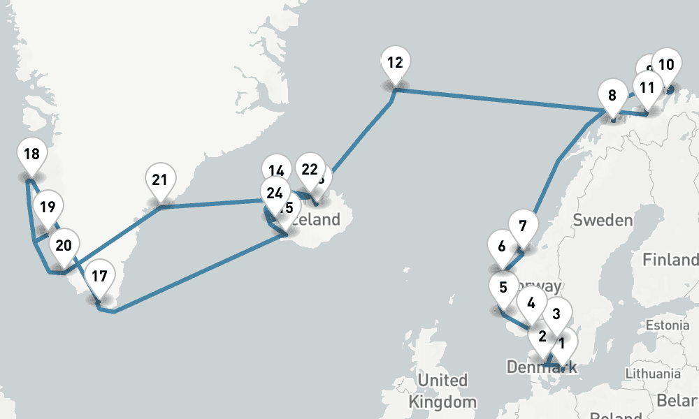 32 days, one-way from Copenhagen to Reykjavik 33日間