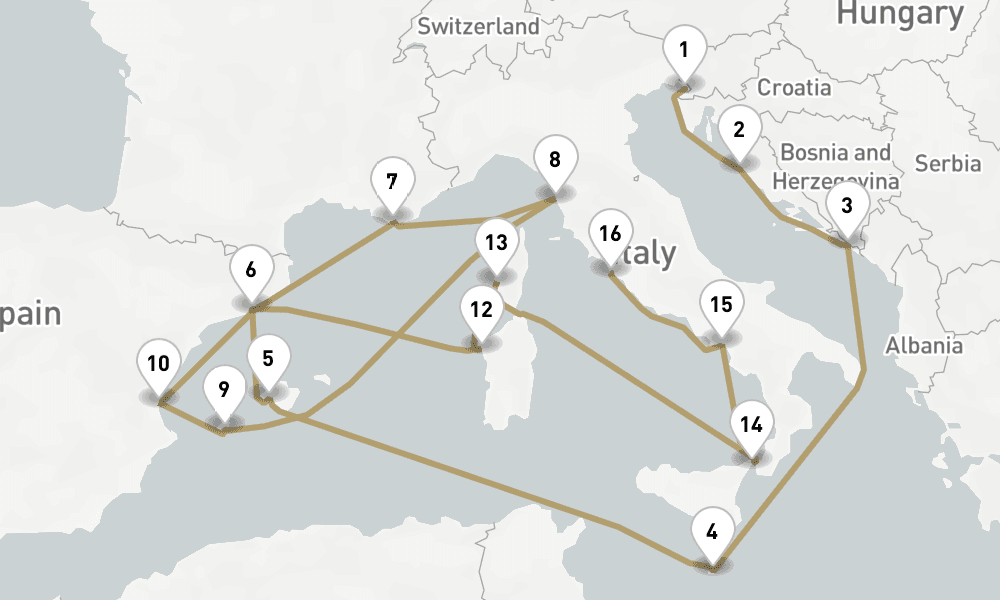 21 days, one-way from Trieste to Civitavecchia-Rome 22日間