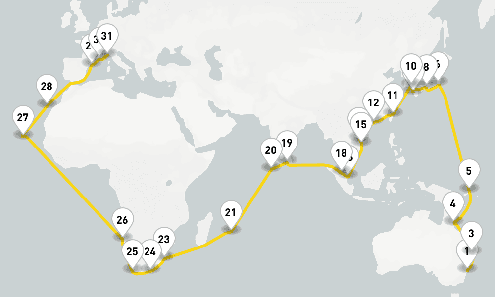 74 days, one-way from Sydney to Savona 75日間