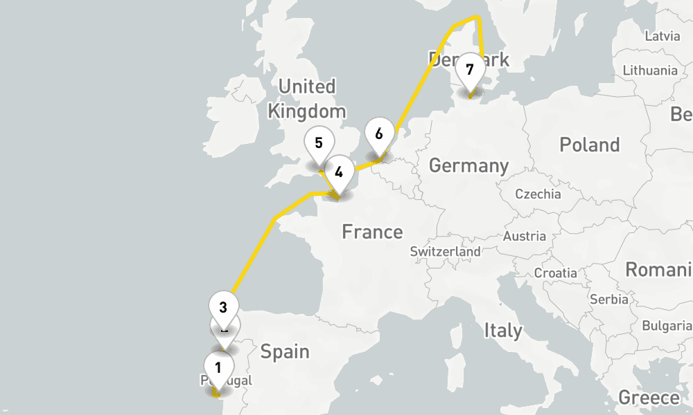 9 days, one-way from Lisbon to Kiel 10日間