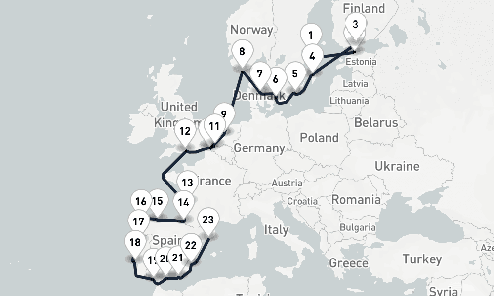 24 days, one-way from Stockholm to Barcelona 25日間