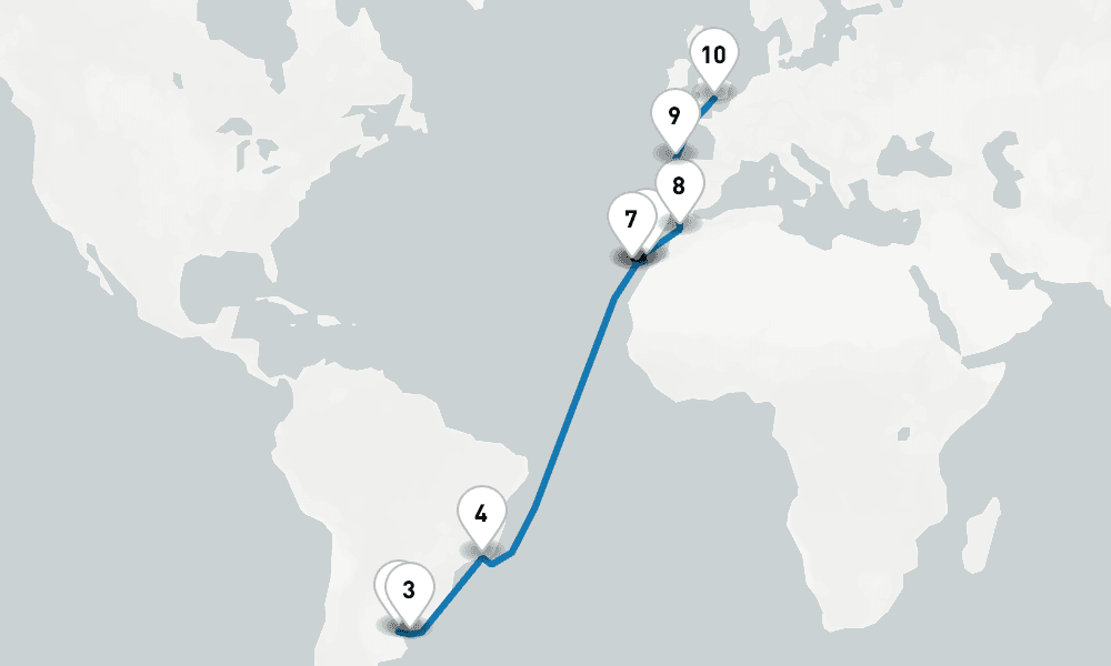 22 days, one-way from Buenos Aires to Southampton 23日間