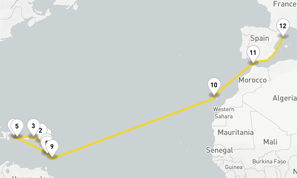 20 days, one-way from Pointe-a-Pitre to Barcelona 21日間