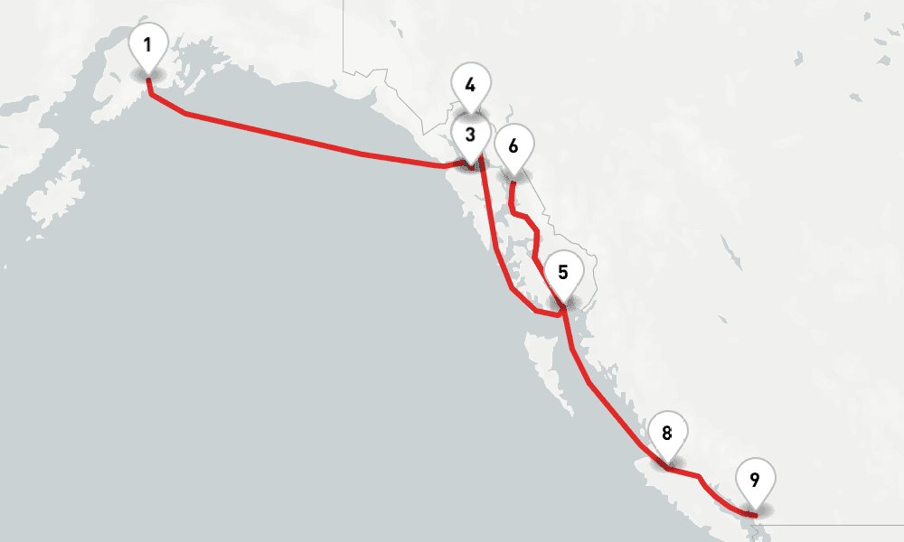 12 nights / 13 days, one-way from Seward (Alaska) to Vancouver (BC Canada)