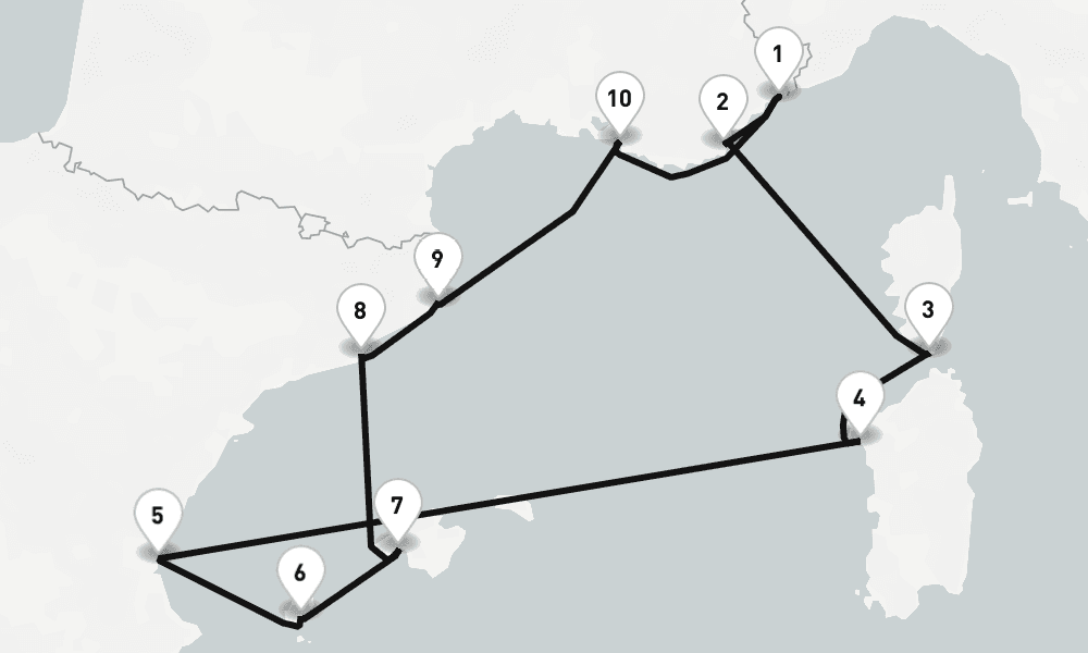 12 nights / 13 days, Villefranche-sur-Mer (Nice, France Riviera) Round trip