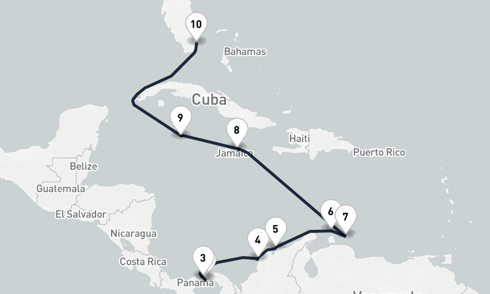 10 days, one-way from Panama City to Miami 11日間