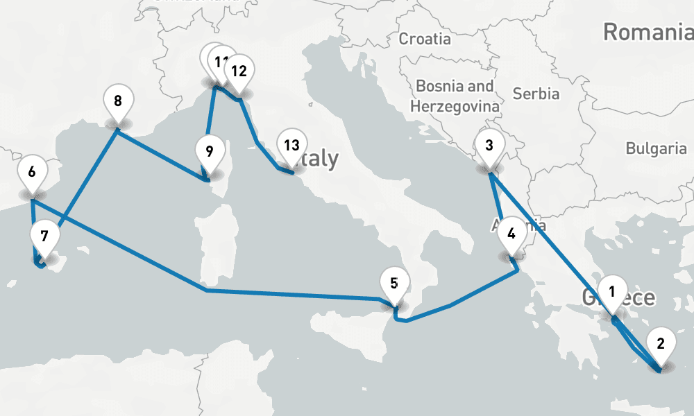 14 days, one-way from Piraeus-Athens to Civitavecchia-Rome 15日間