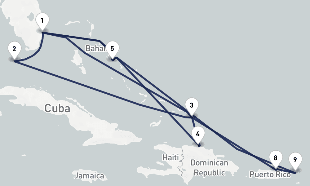 14 days, round-trip Eastern Caribbean Bahamas San Juan 15日間