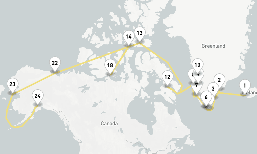 34 days, one-way from Reykjavik to Anchorage AK 35日間