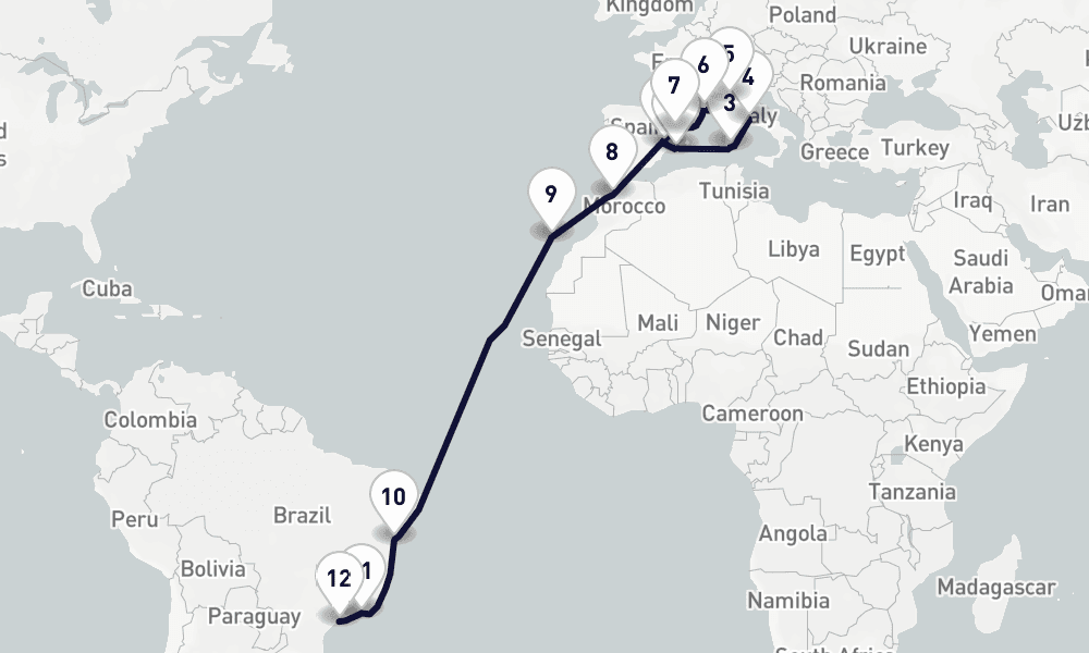 21 days, one-way from Valencia to Santos 22日間