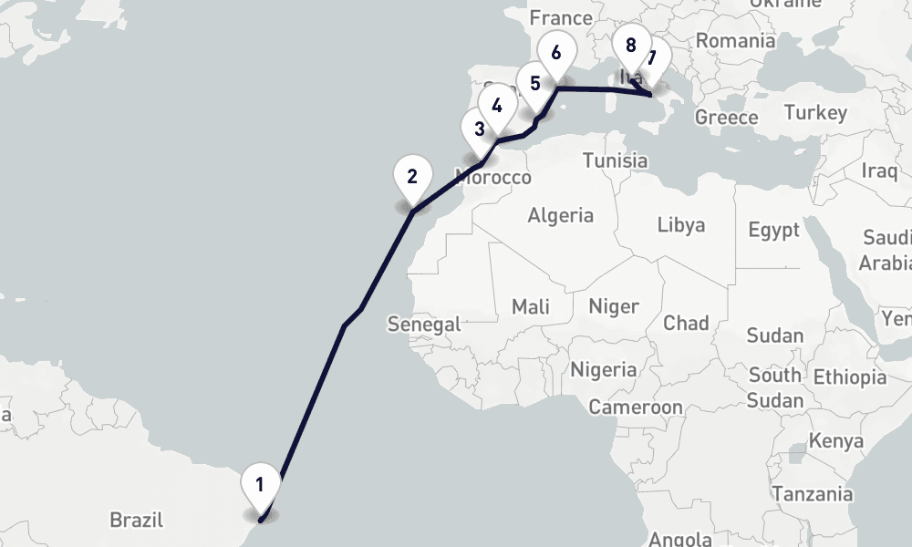 15 days, one-way from Maceio to Civitavecchia-Rome 16日間