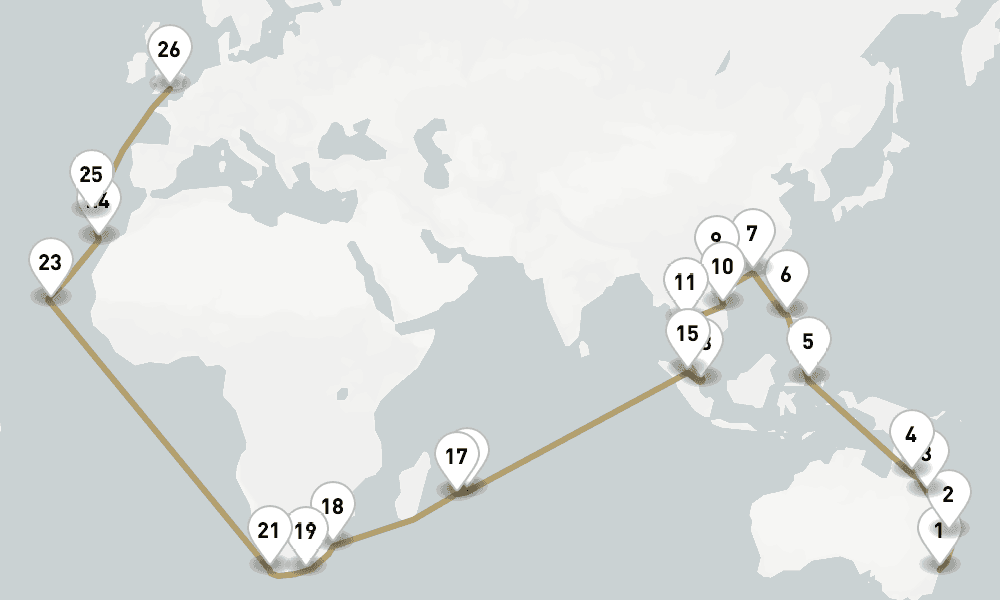65 days, one-way from Sydney to Southampton 66日間