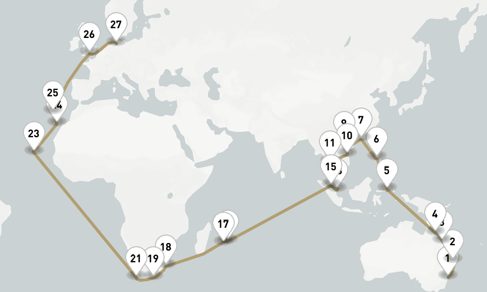 67 days, one-way from Sydney to Hamburg 68日間