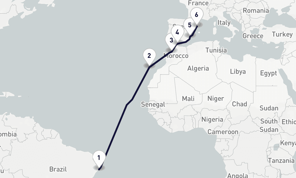 12 days, one-way from Maceio to Barcelona 13日間