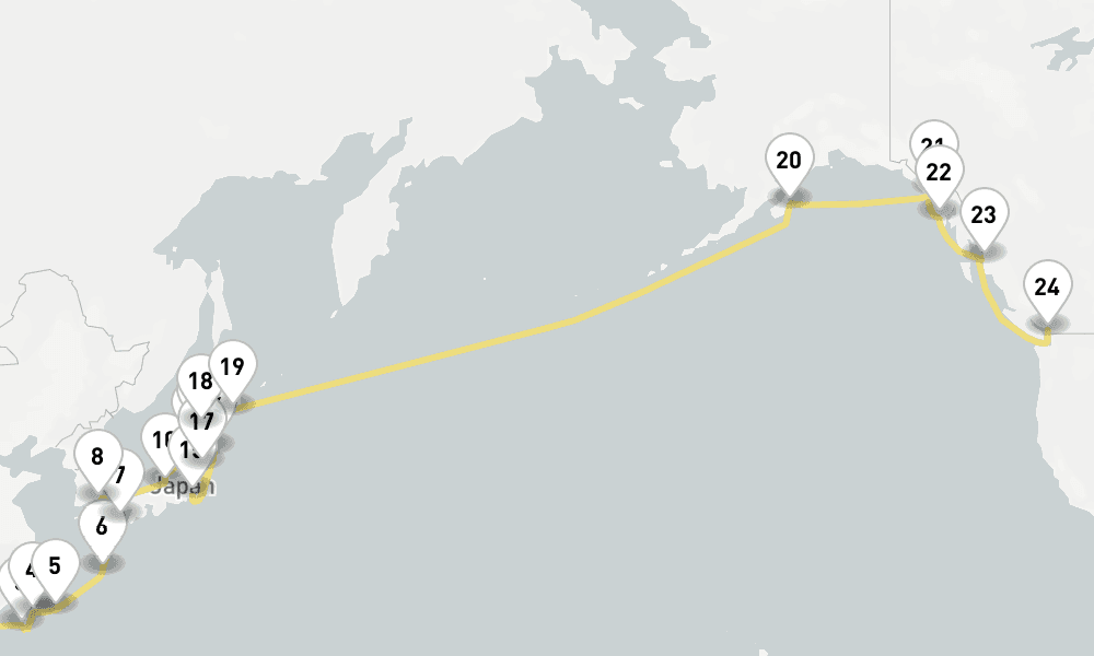 41 days, one-way from Hong Kong to Vancouver 42日間
