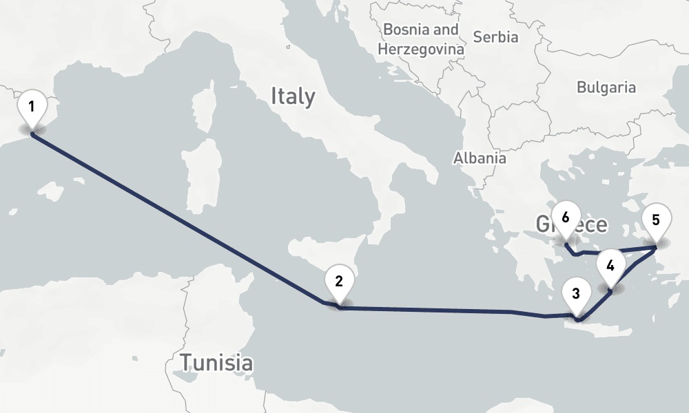 7 days, one-way from Barcelona to Piraeus-Athens 8日間