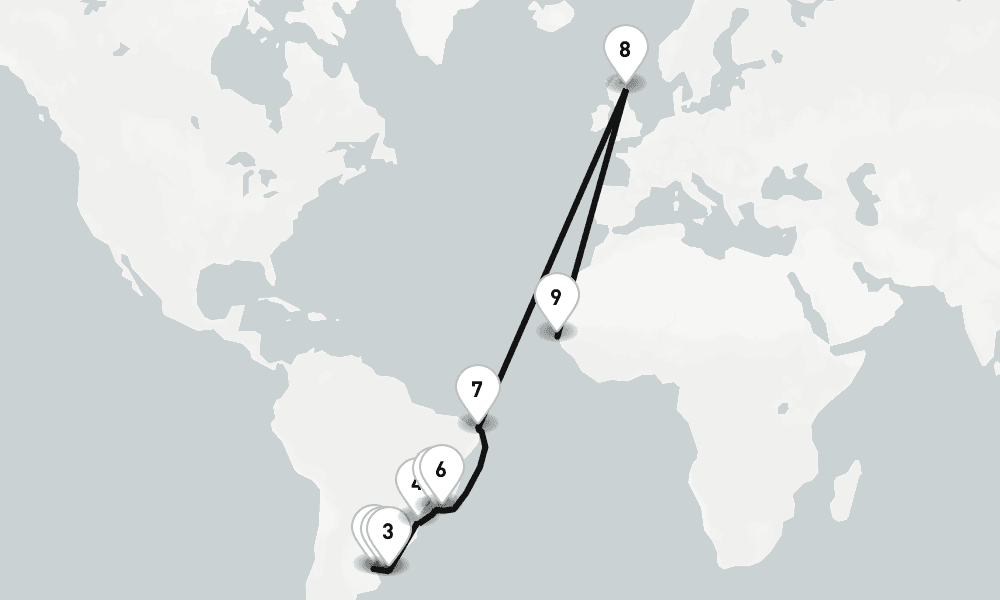 23 days, one-way from Buenos Aires to Dakar 24日間