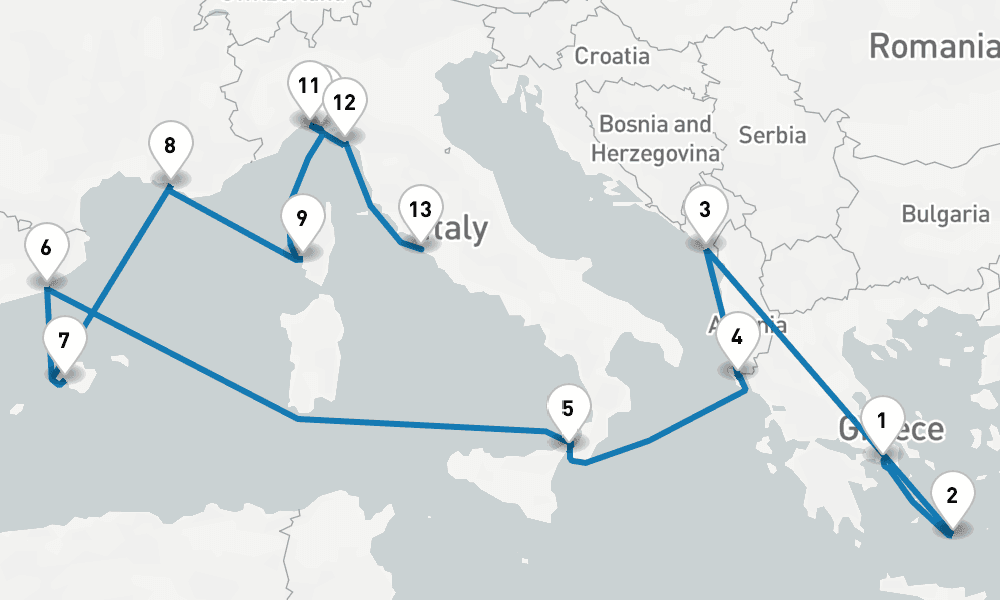 14 days, one-way from Piraeus-Athens to Civitavecchia-Rome 15日間
